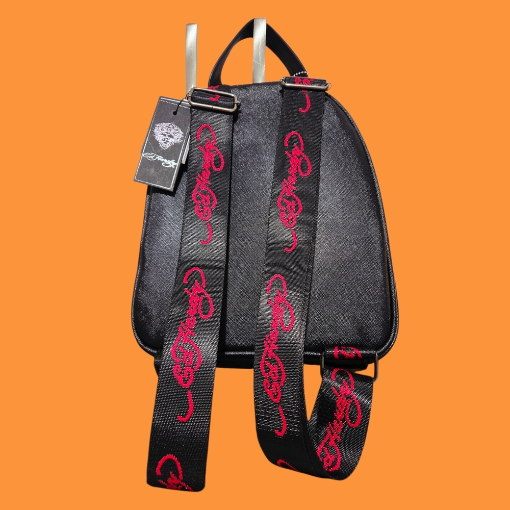 NEW Ed Hardy Black Women's Bag Backpack with Patches 12"x9"x5" NWT - Picture 2 of 7
